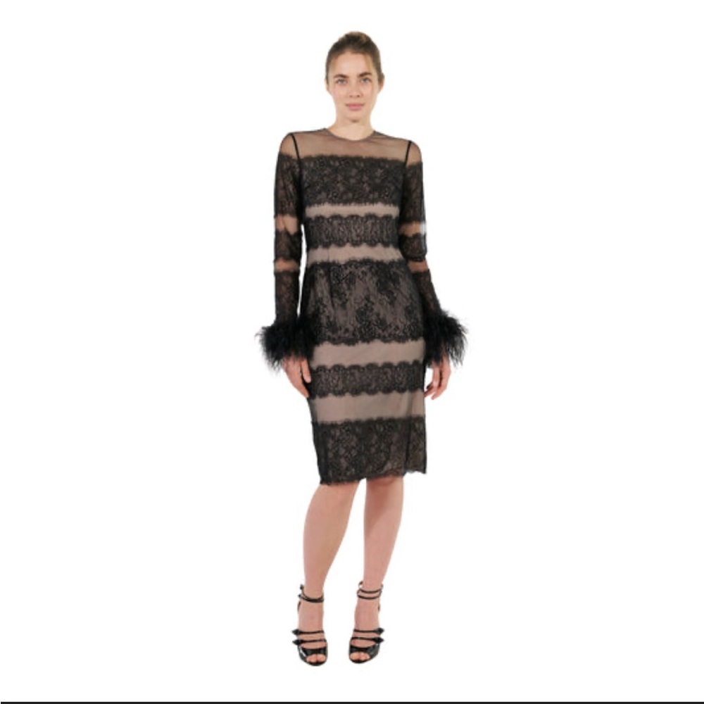 NWT MIKAEL AGHAL
Feather Trim Lace Midi Sheath Dress Sz 4 NO OFFERS Final Price